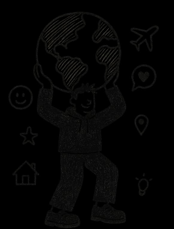 Illustration of a person holding a globe surrounded by service icons