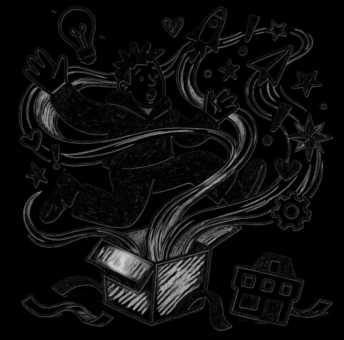 Illustration of a person bursting out of a box with stars and a rocket