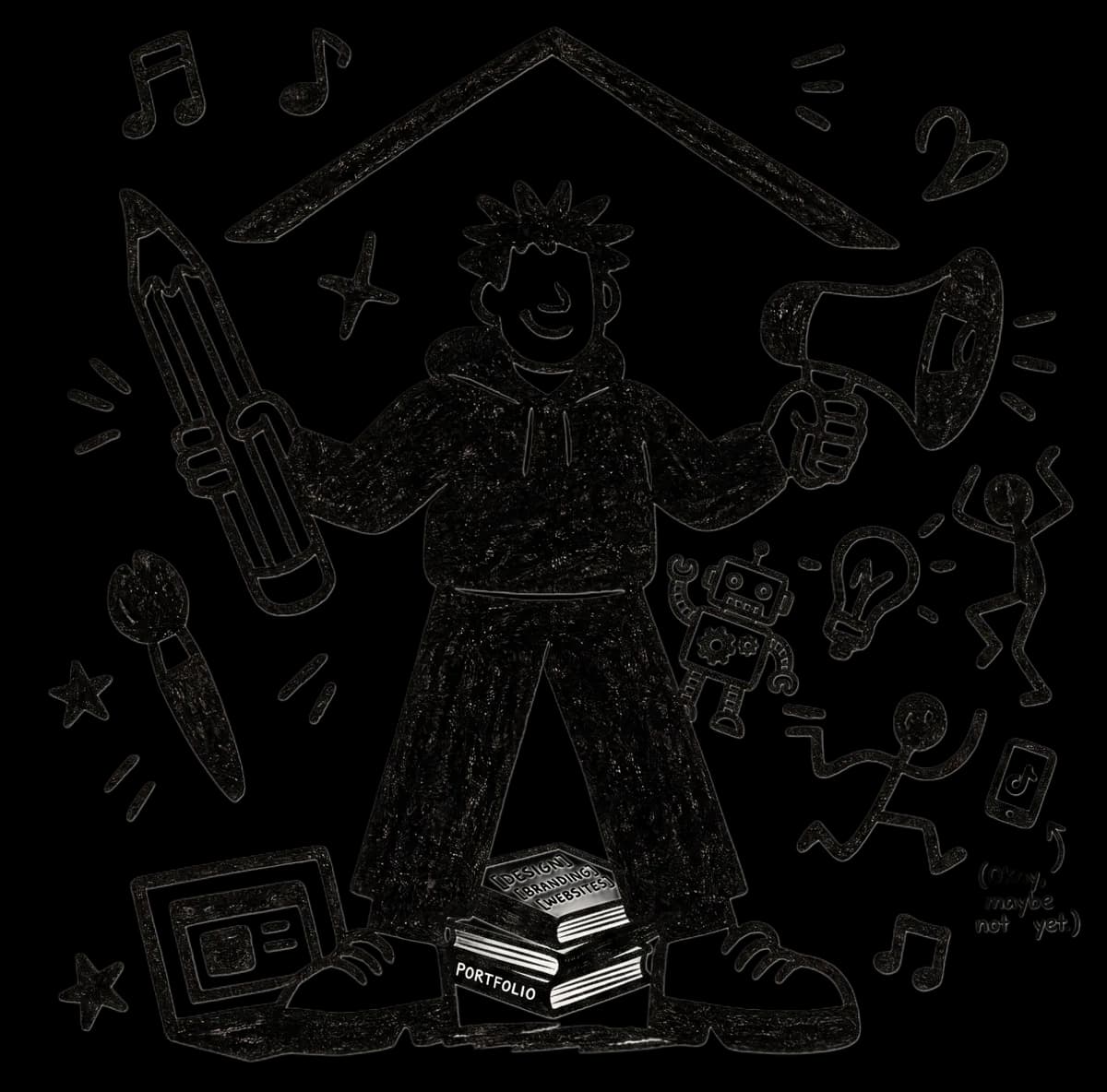 Illustration of a person under a roof surrounded by creative tools
