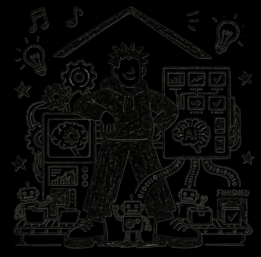 Illustration of a person under a roof with AI dashboards and robots